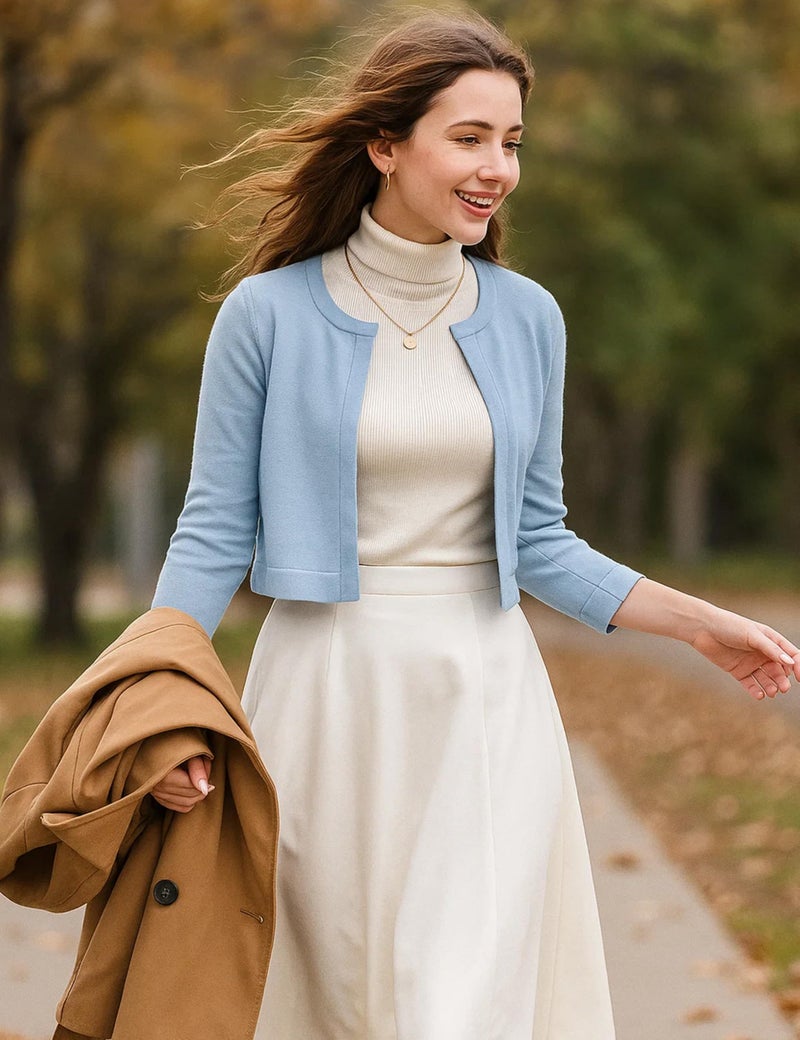 OmicGot Women's 3/4 Sleeve Cropped Cardigan Sweater Bolero Open Front Shrugs for Women Dresses Light Blue L - Image 2