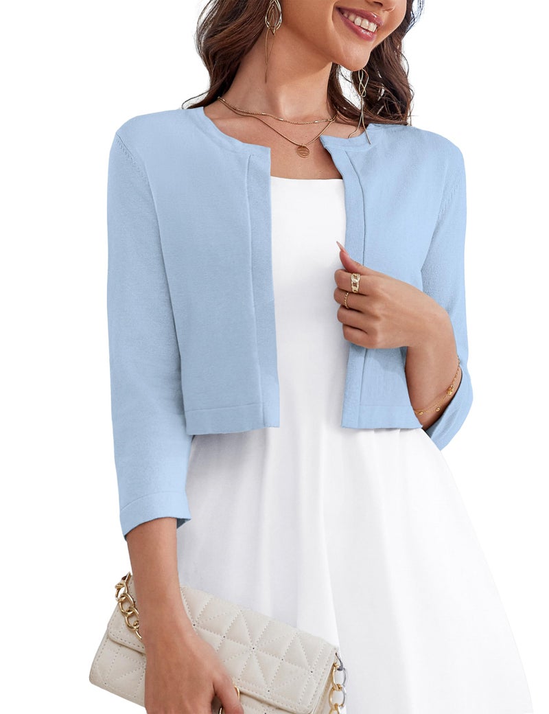 OmicGot Women's 3/4 Sleeve Cropped Cardigan Sweater Bolero Open Front Shrugs for Women Dresses Light Blue L - Image 1