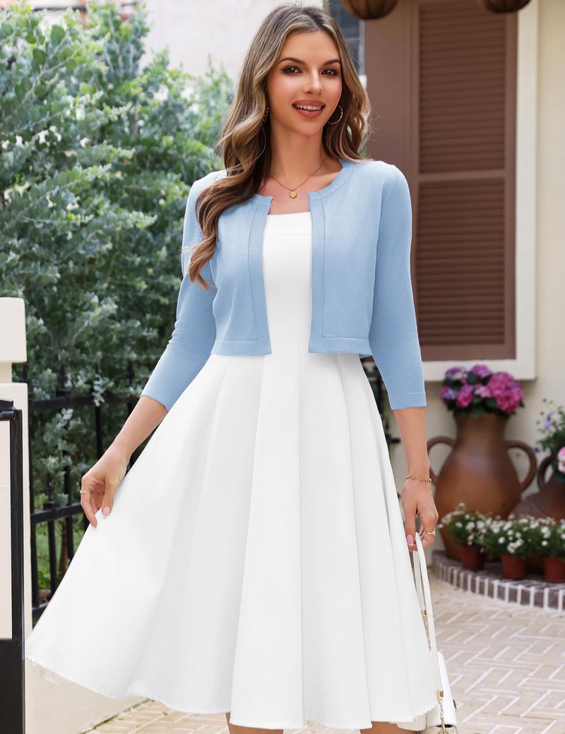 OmicGot Women's 3/4 Sleeve Cropped Cardigan Sweater Bolero Open Front Shrugs for Women Dresses Light Blue L - Image 5