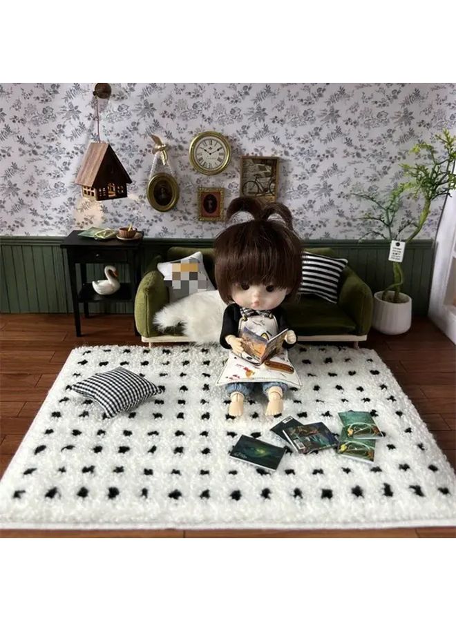 Grid Fashion Dollhouse Carpet Black White Checkered Beige Soft Cloth Mini Floor Mat - Image 4