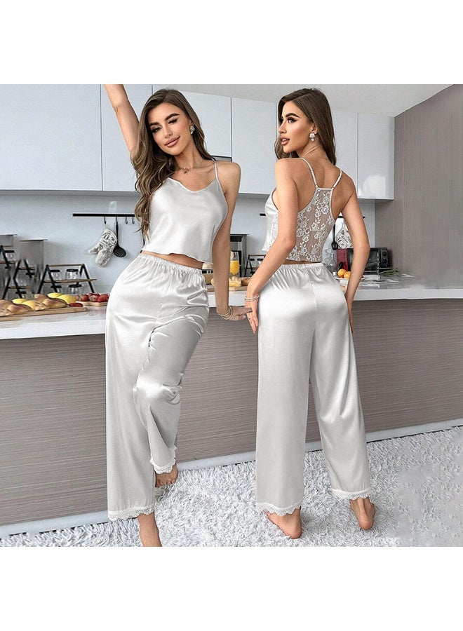 المرأة الساتين بيجاما مجموعة، حزام سباغيتي كامي أعلى مع الدانتيل قص سروال الساق الواسعة، حريري Loungewear ملابس النوم - Image 3