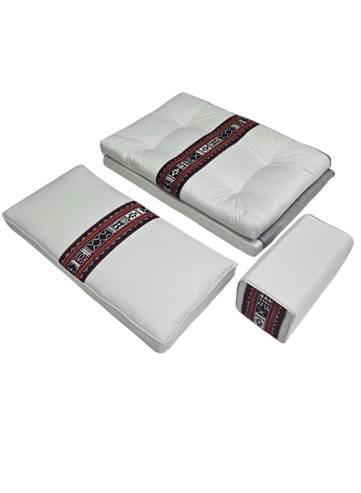 سمارت هوم جلسة أرضية تراثية عربية لشخصين 3 قطع  بمقاس (طول 70 سم × عرض 100 سم × ارتفاع 60 سم) – مفروشات مجالس عربية مريحة مع مسند وظهر مزخرف – جلسة أرضية للمنزل، الضيوف، المخيمات والرحلات - Image 4