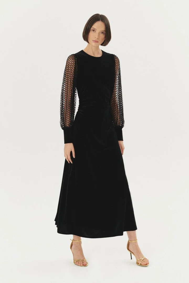 EXQUISE Black Midi Velvet Dress with Lycra Lace Sleeve Detail