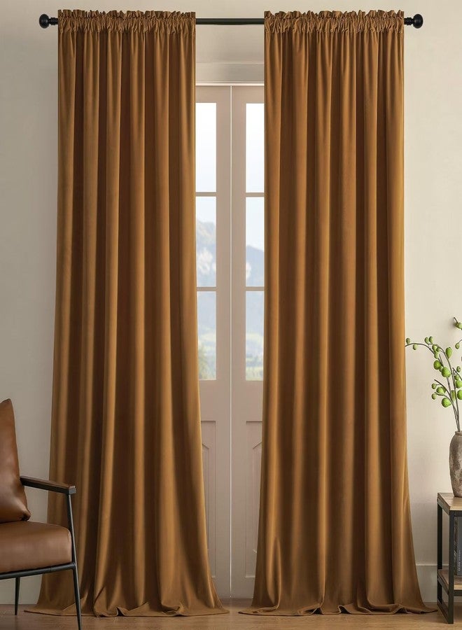 Joydeco Camel Brown Velvet Curtains 90 inch Length 2 Panels, Luxury Blackout Rod Pocket Thermal Insulated Window Curtains, Super Soft Room Darkening Drapes for Living Room Bedroom,W52 x L90 inches - Image 1
