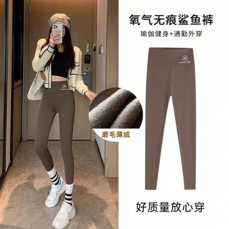 Shark Skin Leggings Womens Spring and Autumn Outer Wear Thin 2022 New High Waist Belly Tight Yoga Barbie Plane PantsAircraft logo [sanding] Curry color Aircraft logo [sanding] Curry color 