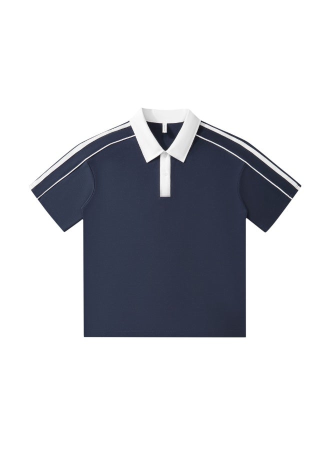 Slim Fit Cotton Loose Shoulder Polo Shirt Striped Color Block Short Sleeve Turn Collar Work Uniform School Unifo - Image 1