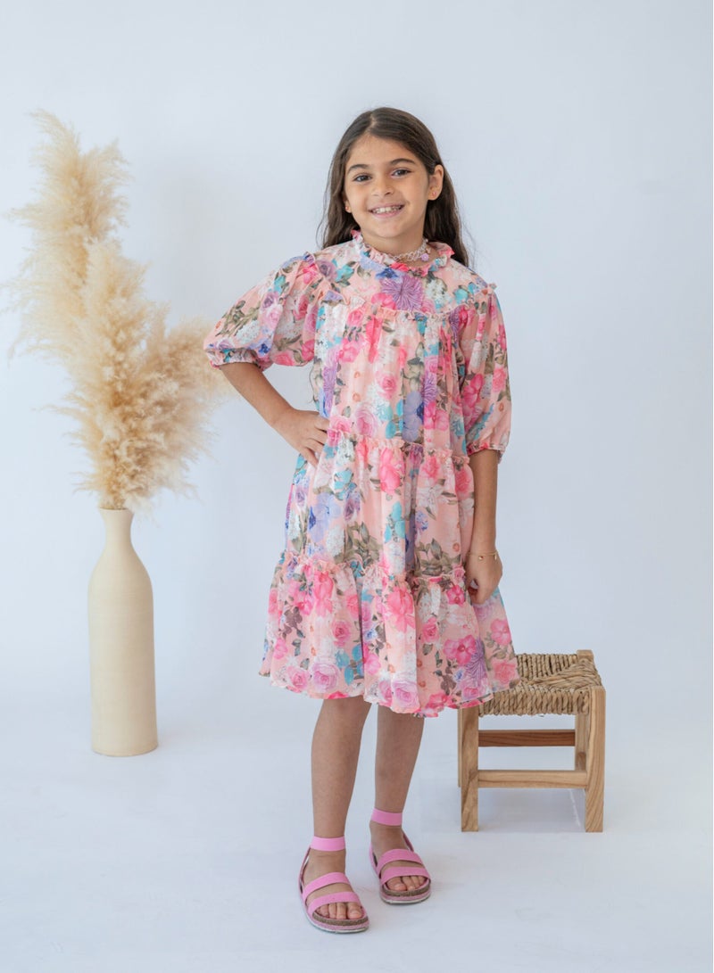 LALEENA Girls’ Pink Floral Dress with Ruffle Detail - Image 1