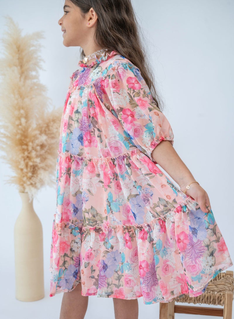 LALEENA Girls’ Pink Floral Dress with Ruffle Detail - Image 3