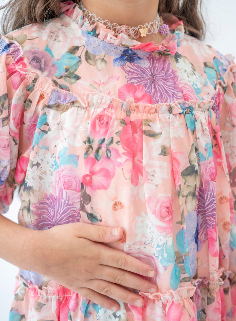 LALEENA Girls’ Pink Floral Dress with Ruffle Detail - Image 4