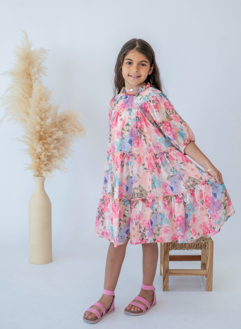 LALEENA Girls’ Pink Floral Dress with Ruffle Detail - Image 2