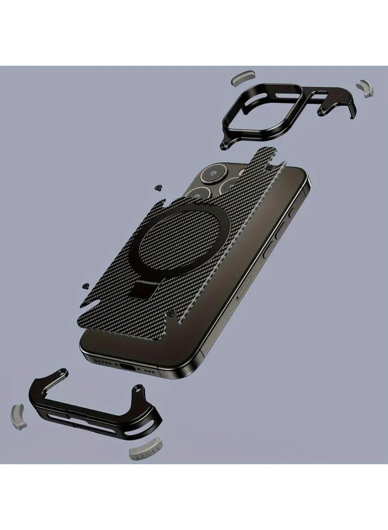 Oatsbasf Luxury New Design Carbon Fiber Case with Phone Ring Grip Frameless for iPhone 16 Pro Max Black - Image 5