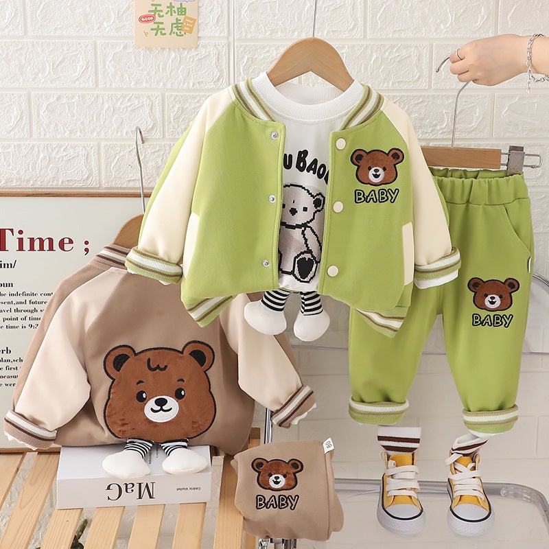 Children'S Casual Baseball Uniform Cardigan Coat 2024 New Boys And Girls Cartoon Bear Long Sleeve Three-Piece - Image 2