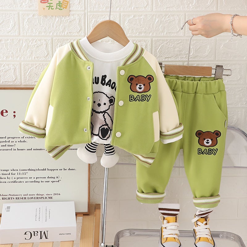 Children'S Casual Baseball Uniform Cardigan Coat 2024 New Boys And Girls Cartoon Bear Long Sleeve Three-Piece - Image 1