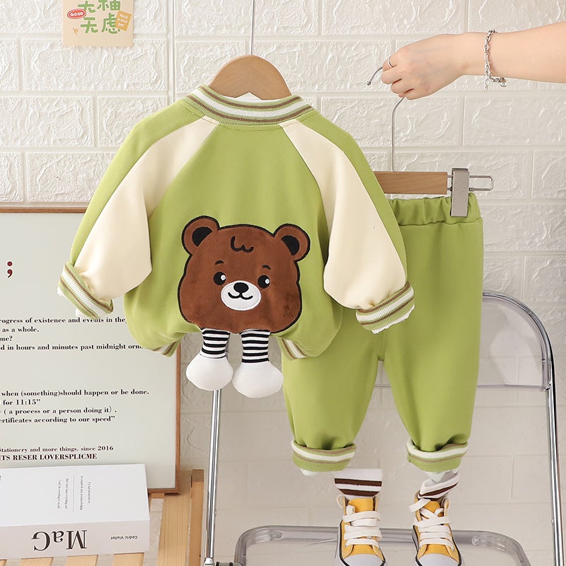 Children'S Casual Baseball Uniform Cardigan Coat 2024 New Boys And Girls Cartoon Bear Long Sleeve Three-Piece - Image 3