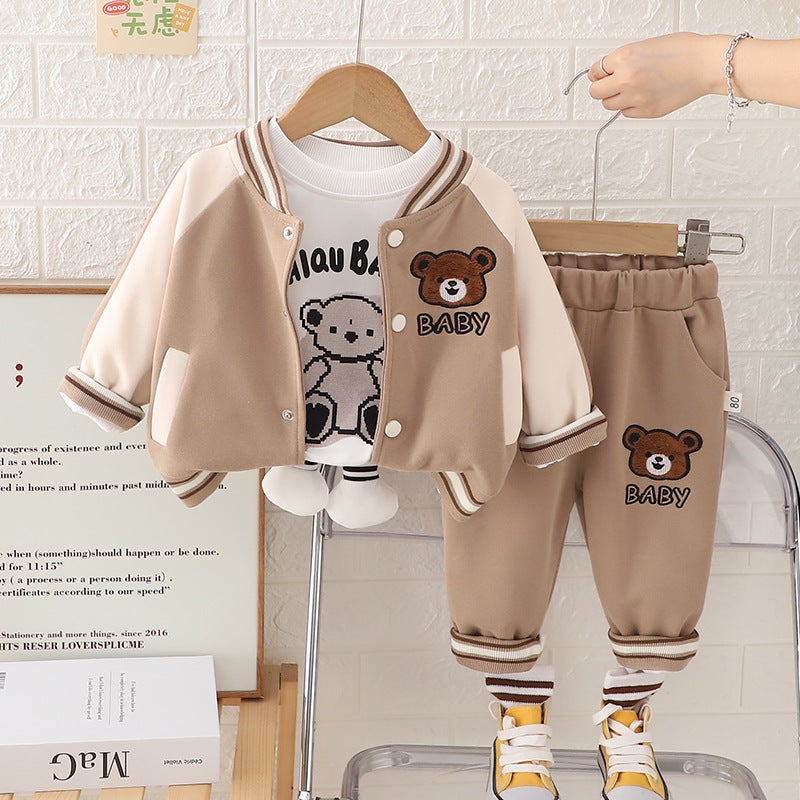 Children'S Casual Baseball Uniform Cardigan Coat 2024 New Boys And Girls Cartoon Bear Long Sleeve Three-Piece - Image 5