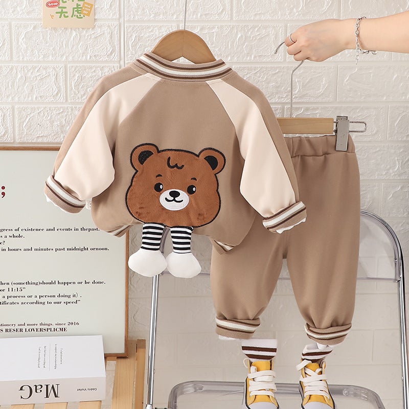 Children'S Casual Baseball Uniform Cardigan Coat 2024 New Boys And Girls Cartoon Bear Long Sleeve Three-Piece - Image 4