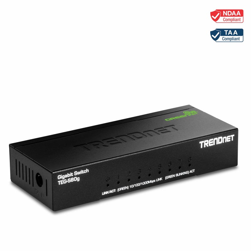 TRENDnet 8-Port Mini Gigabit Switch, TEG-S80g, GREENnet Technology, NDAA + TAA Compliant, Desktop Metal Ethernet Network Switch, 8 x Gigabit Ports, Fanless, Lifetime Protection, Black - Image 4