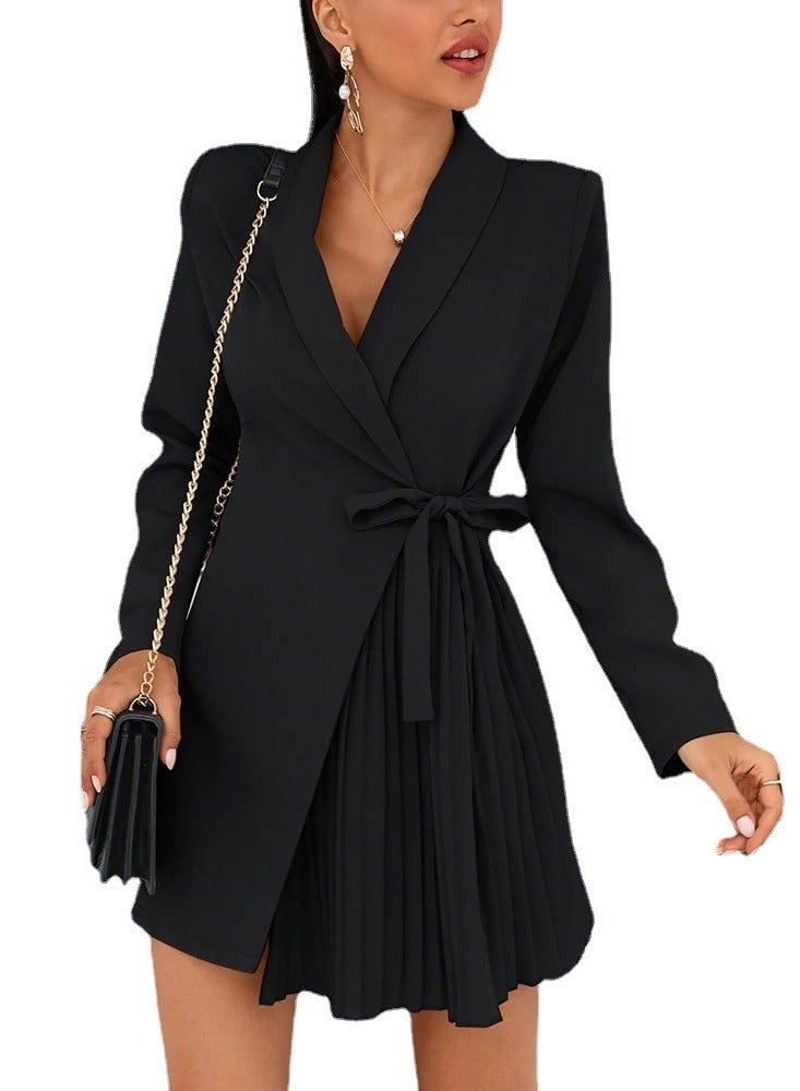 Shougu Solid Color Lace Up Pleated Suit Style Jacket Dress - Image 1