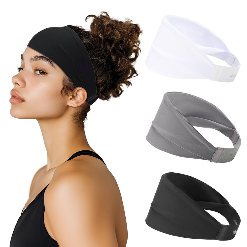 Viewind Sweat Absorb Headband for Men & Women, Athletic Headband for Running Yoga Workout, Wide Fashion Headband for Daily, 4" Width, Soft & Strechy, Non Slip Silione, 3 Colors in Pack - Image 1