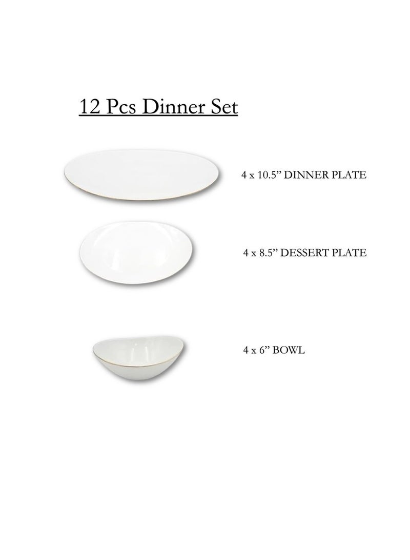 Houzi Houzi 12 Pcs Gold line Opal ware Dinner set 4 x dinner plate 4 x dessert plate 4 x bowl Microwave Freezer safe Bpa free  - Image 2