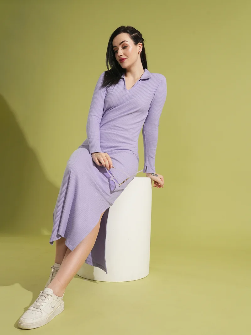 globus Women Collared Ribbed Maxi Dress