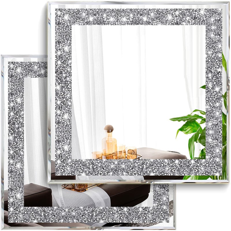 XIHACTY 2 Piece Wall Mirrors, Crush Diamond Mirrors Decor, Silver Decorative for Living Room Bedroom, Bathroom. (12â€x12â€) - Image 1