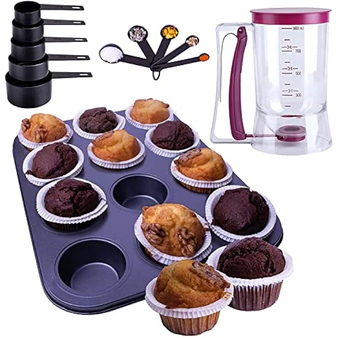 Set of 4 Kitchen Baking Tools Set  12 Cavity NonStick Muffin Tray Batter Dispenser Measuring Cups and Spoons Set  Kitchen Utensils Kit for Measuring Baking and Dispensing - Image 1