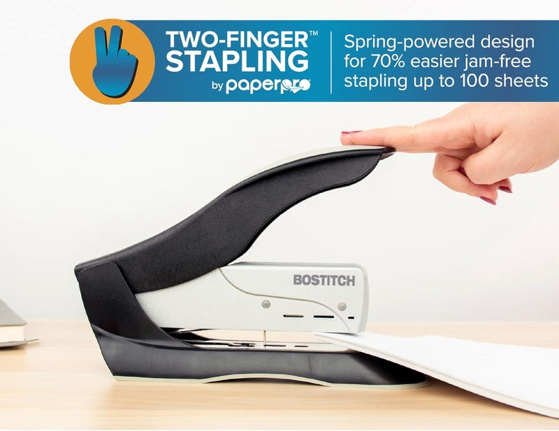 PaperPro Bostitch Office inHANCE+100 Heavy Duty Stapler - Two Fingers, No Effort, Spring Powered Stapler - 100 Sheets, Gray (1300) - Image 5