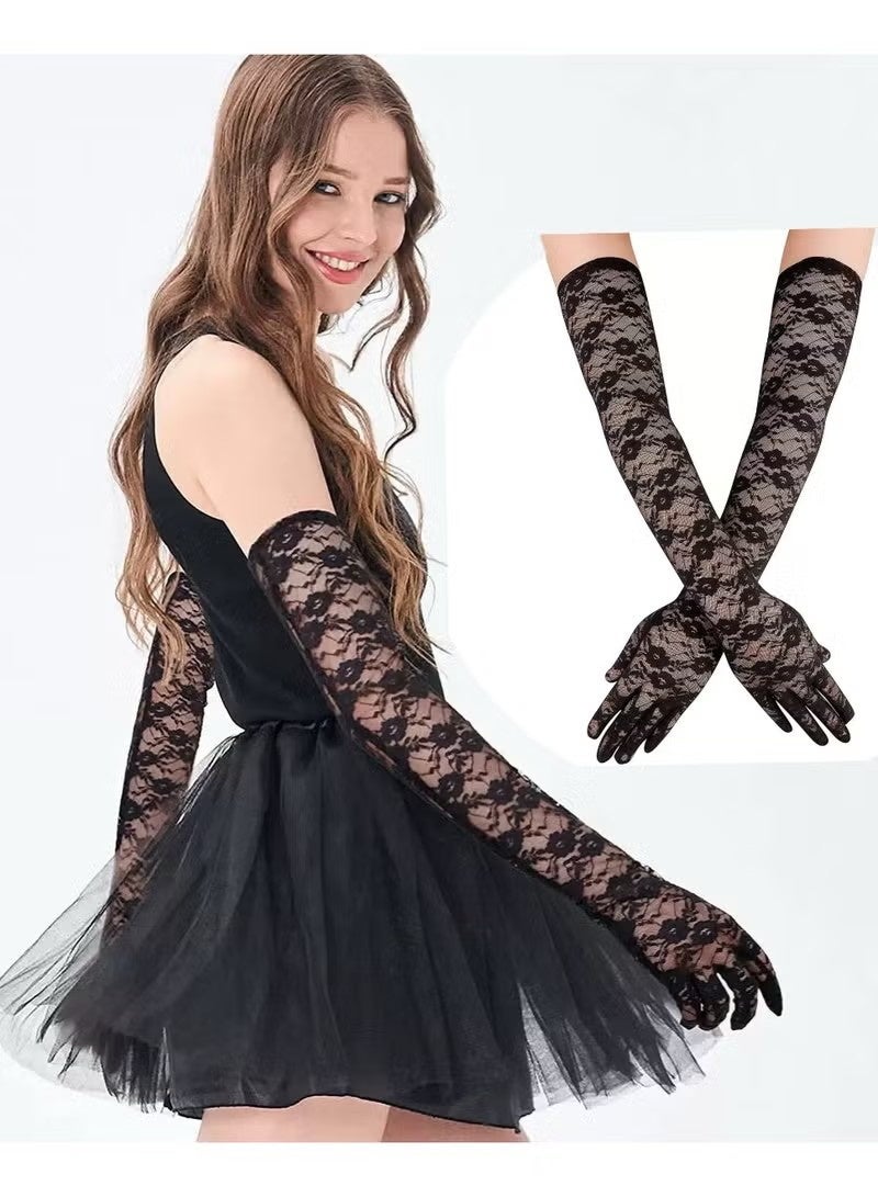 1pairs Lace Gloves Long Opera Gloves Elbow Length for Women Party Dress Costume Floral Prom Gloves Wedding_Black - Image 1
