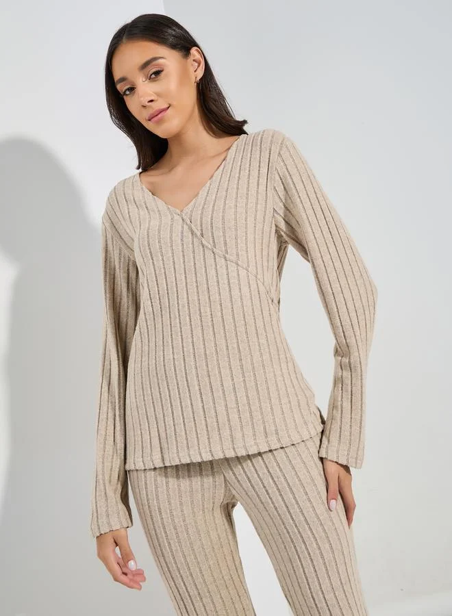 Styli Rib Cross Over Long Sleeves Top & Leggings Lounge Set