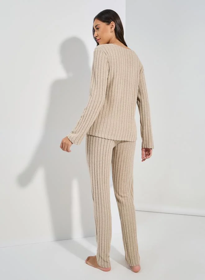 Styli Rib Cross Over Long Sleeves Top & Leggings Lounge Set