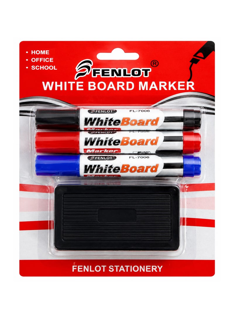 White Board Marker Set with Magnetic Eraser – 3 Color Dry Erase Markers for Office School Classroom and Home Use - Image 1
