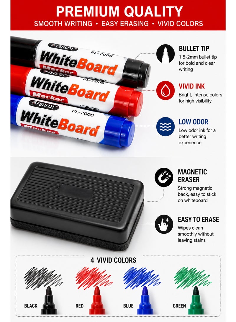White Board Marker Set with Magnetic Eraser – 3 Color Dry Erase Markers for Office School Classroom and Home Use - Image 2