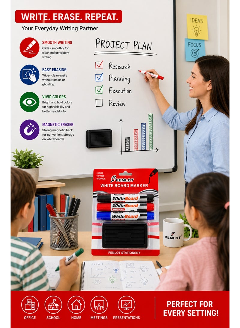 White Board Marker Set with Magnetic Eraser – 3 Color Dry Erase Markers for Office School Classroom and Home Use - Image 4