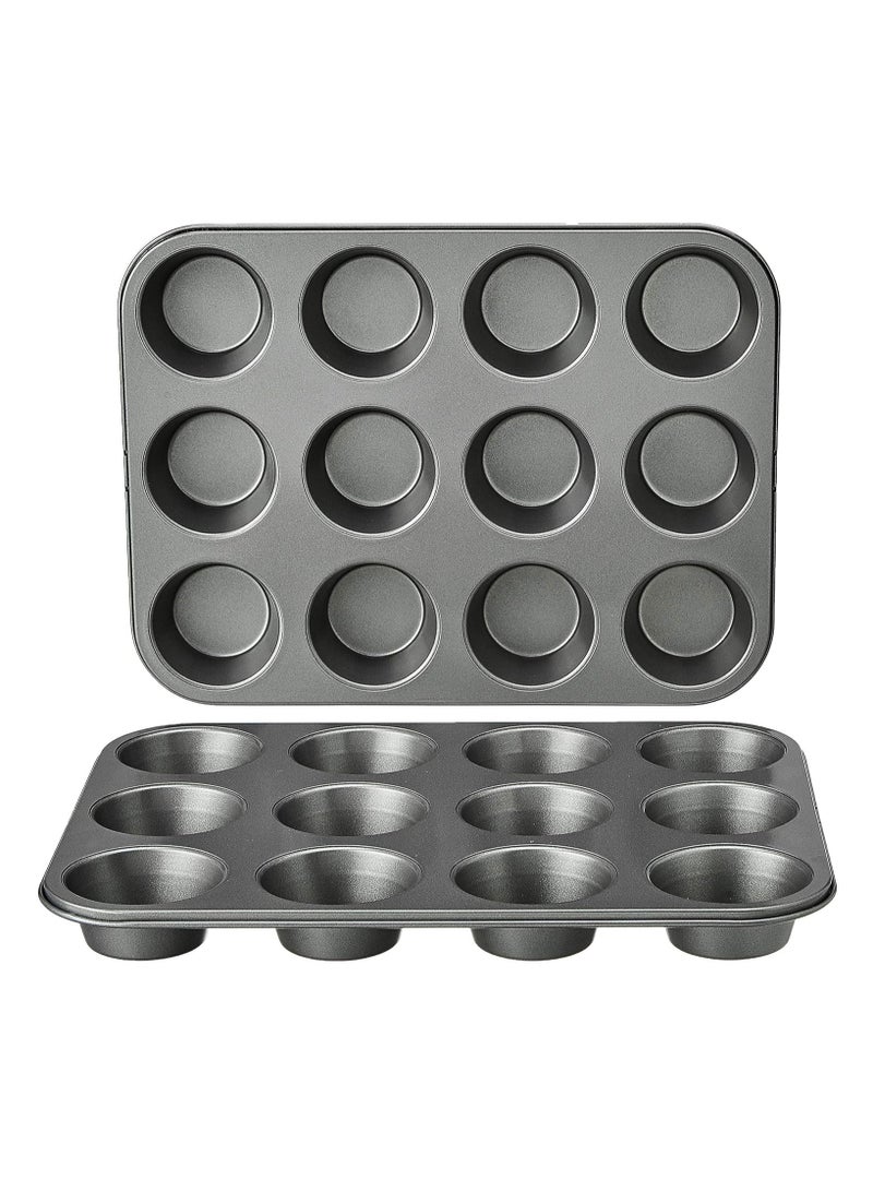 Nonstick Round Muffin Baking Pan, 12 Cups, Gray, 13.9x10.55x1.22" - Image 1