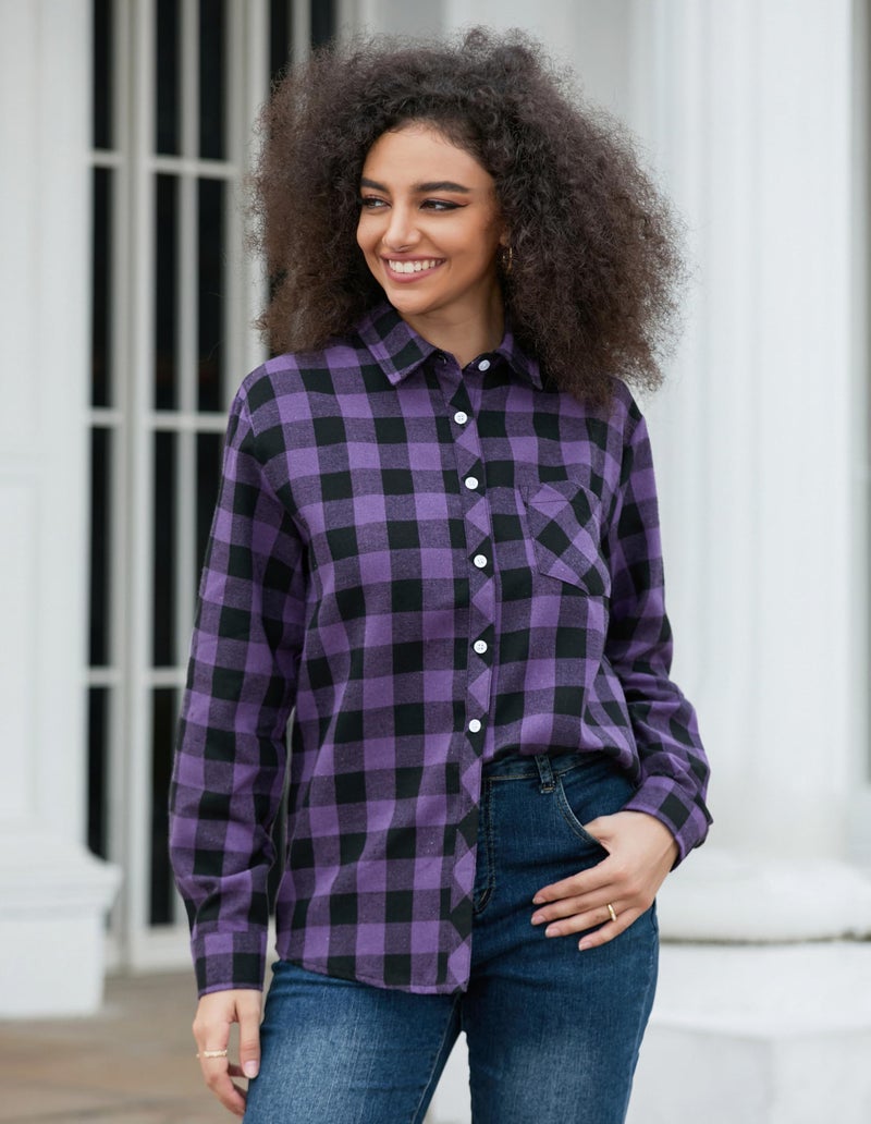 SANGTREE Womens Flannel Shirt, Casual Plaid Tops Long Sleeve Button Down Shirt for Women Buffalo Purple, Small - Image 4