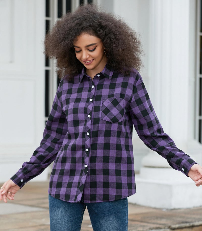 SANGTREE Womens Flannel Shirt, Casual Plaid Tops Long Sleeve Button Down Shirt for Women Buffalo Purple, Small - Image 3