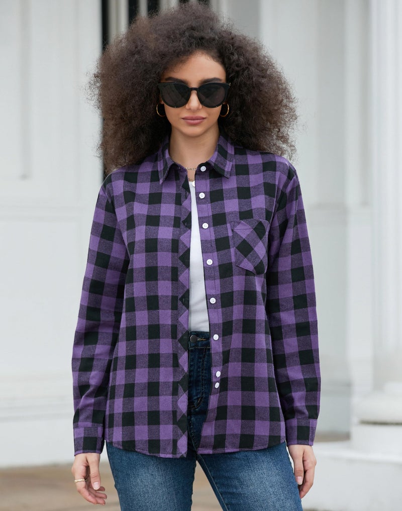 SANGTREE Womens Flannel Shirt, Casual Plaid Tops Long Sleeve Button Down Shirt for Women Buffalo Purple, Small - Image 2