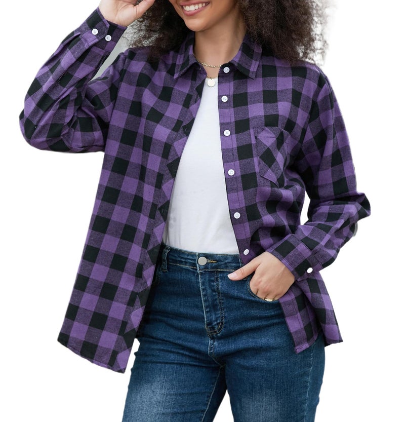 SANGTREE Womens Flannel Shirt, Casual Plaid Tops Long Sleeve Button Down Shirt for Women Buffalo Purple, Small - Image 1