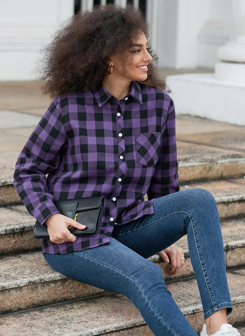 SANGTREE Womens Flannel Shirt, Casual Plaid Tops Long Sleeve Button Down Shirt for Women Buffalo Purple, Small - Image 5