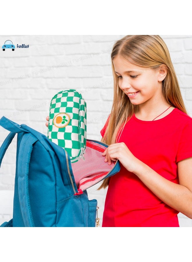 فنبلاست حقائب أقلام فن بلاست - حقيبة أقلام كاواي، منظم حقائب أقلام قماشية بتصميم مربعات جمالية، حامل حقيبة أدوات مكتبية كبير السعة، حقيبة متعددة الأغراض بسحاب للأطفال والكبار (أخضر) - Image 4