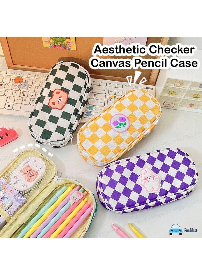 فنبلاست حقائب أقلام فن بلاست - حقيبة أقلام كاواي، منظم حقائب أقلام قماشية بتصميم مربعات جمالية، حامل حقيبة أدوات مكتبية كبير السعة، حقيبة متعددة الأغراض بسحاب للأطفال والكبار (أخضر) - Image 5