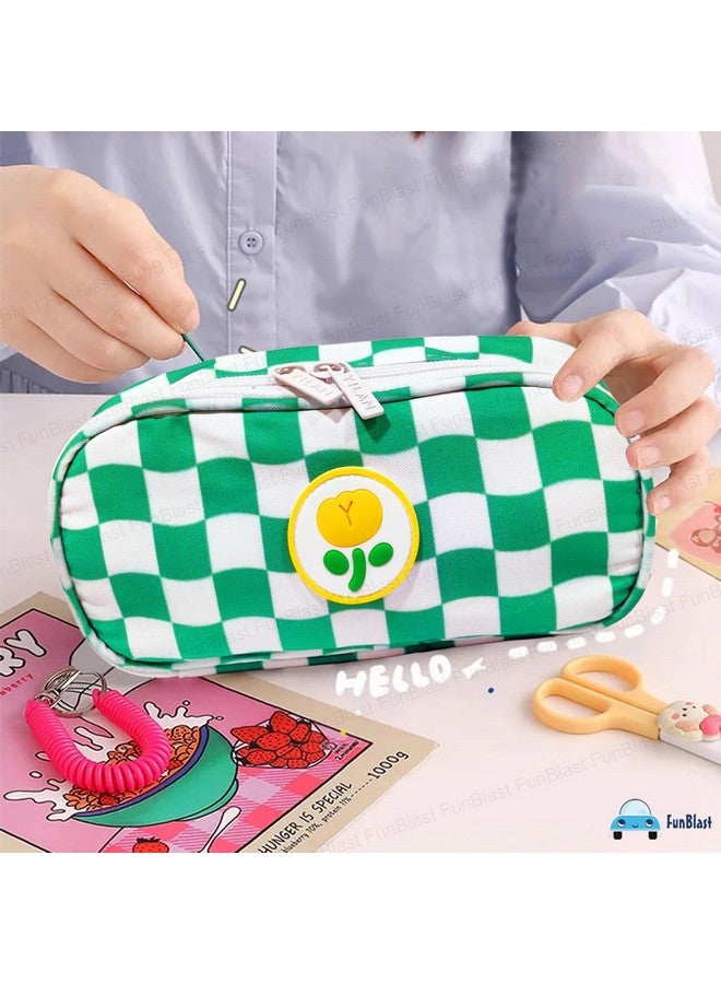 فنبلاست حقائب أقلام فن بلاست - حقيبة أقلام كاواي، منظم حقائب أقلام قماشية بتصميم مربعات جمالية، حامل حقيبة أدوات مكتبية كبير السعة، حقيبة متعددة الأغراض بسحاب للأطفال والكبار (أخضر) - Image 3