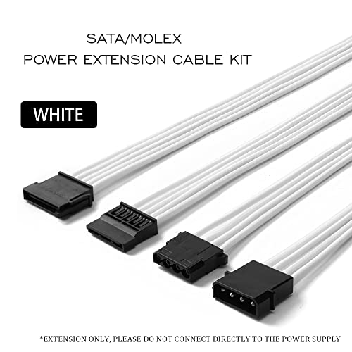 Formulamod SATA + Molex Power Extension Cable Kit, Male to Female 11.8 Inch Extender Sleeve Power Cables (White) - Image 2