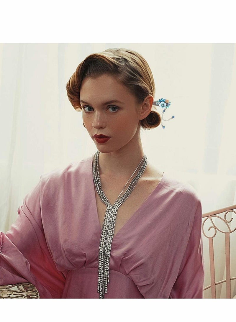 KASTWAVE Rhinestone Hair Stick Flower Hairpins Chinese Hair Chopsticks Vintage Tassel Hair Sticks Long Retro Tassel Hair Sticks Crystal Hair Making Accessories for Women Girls - Image 3