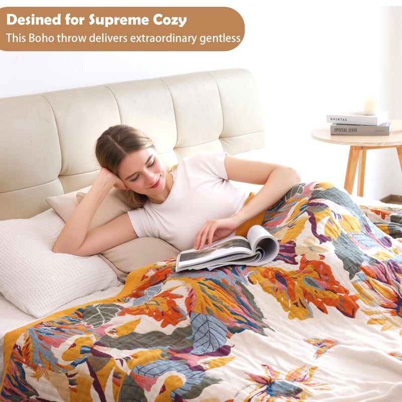 VANJOROY Boho Large Throw Blanket for Bed Couch, 100% Organic Cotton Soft Queen Throw-Floral Butterfly Decor Fall Blanket for Sofa Quilt and Gift, 80" x 90"-Beige - Image 2