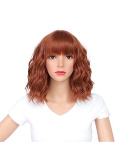 SWACC SWACC 12 Inch Short Curly Wavy Bob Wig with Bangs Synthetic Hair Wig for Women with Wig Cap (Dark Copper Red)  - Image 1