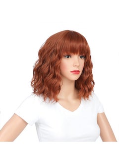 SWACC SWACC 12 Inch Short Curly Wavy Bob Wig with Bangs Synthetic Hair Wig for Women with Wig Cap (Dark Copper Red)  - Image 3