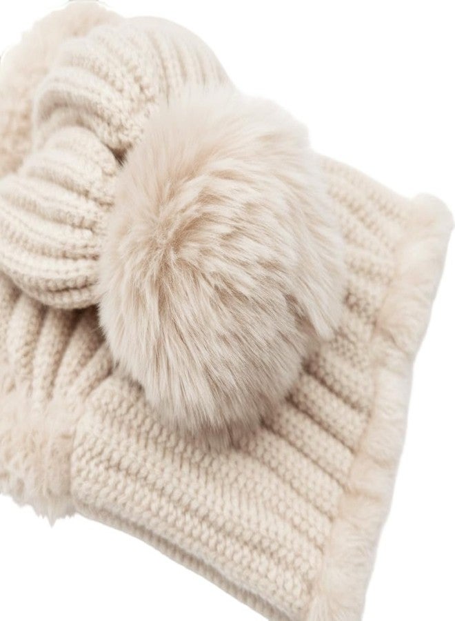 HUAMULAN Women Winter Beanie Hats One Piece Fleece Lined Knit Balaclavas Mask Set Skull Neck Circle Scarf Ski Snow Hat Pompom, Beige + Faux Fur, One size - Image 5