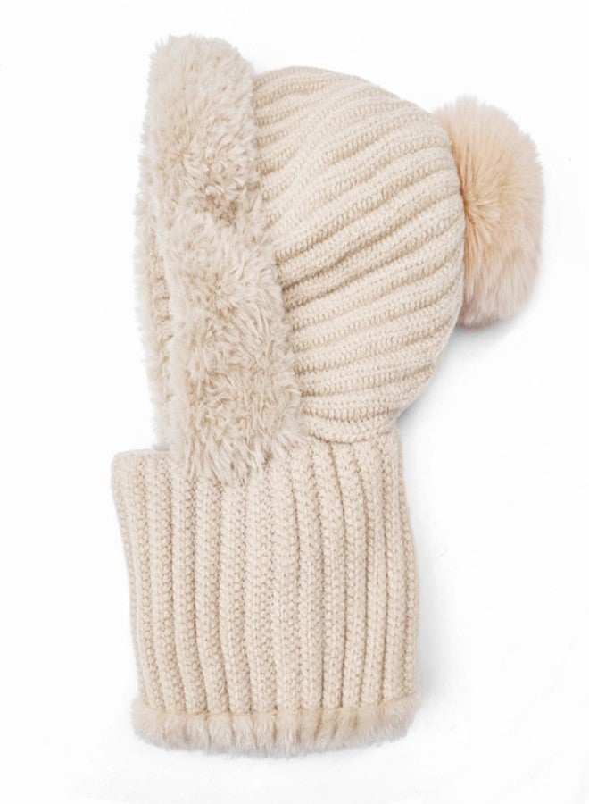 HUAMULAN Women Winter Beanie Hats One Piece Fleece Lined Knit Balaclavas Mask Set Skull Neck Circle Scarf Ski Snow Hat Pompom, Beige + Faux Fur, One size - Image 3